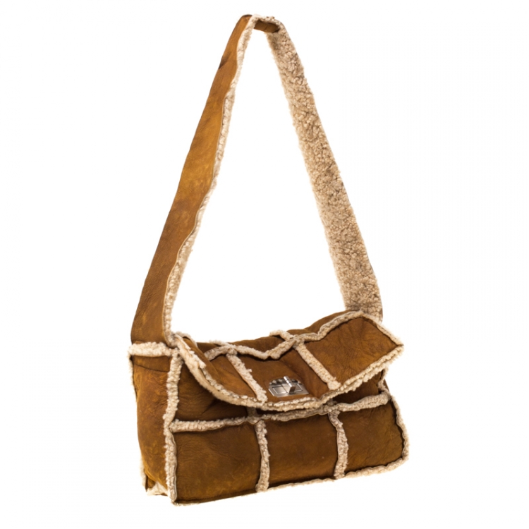 Pre Owned Chanel Tan/Beige Suede and Mouton Fur Reissue Shoulder Bag
