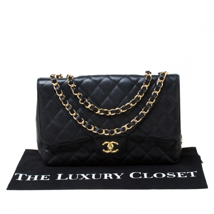 مملوكة مسبقًا Chanel Black Quilted Caviar Leather Jumbo Classic Single Flap Bag