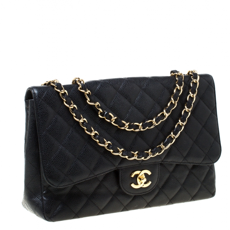 مملوكة مسبقًا Chanel Black Quilted Caviar Leather Jumbo Classic Single Flap Bag