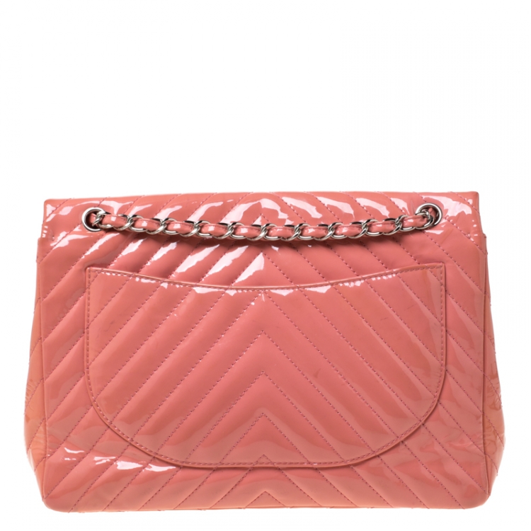 Pre Owned Chanel Pink Chevron Patent Leather Maxi Classic Single Flap Bag