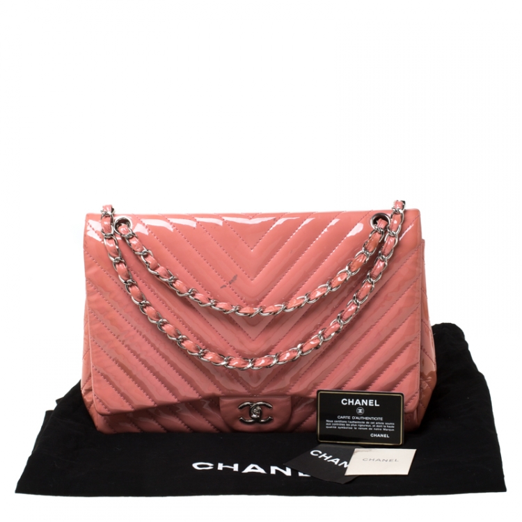 Pre Owned Chanel Pink Chevron Patent Leather Maxi Classic Single Flap Bag
