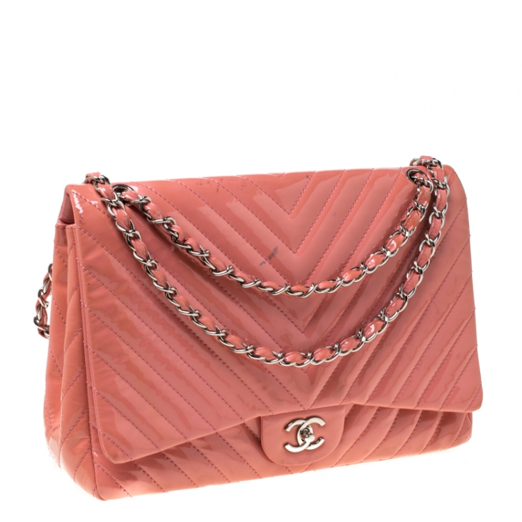 Pre Owned Chanel Pink Chevron Patent Leather Maxi Classic Single Flap Bag
