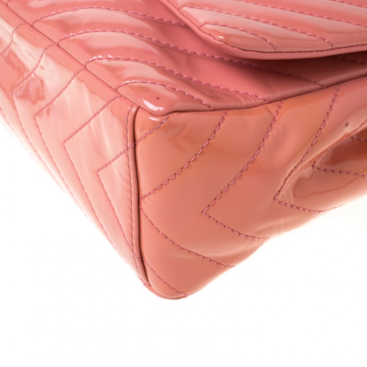 Pre Owned Chanel Pink Chevron Patent Leather Maxi Classic Single Flap Bag