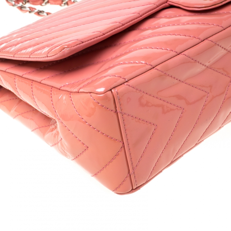 Pre Owned Chanel Pink Chevron Patent Leather Maxi Classic Single Flap Bag