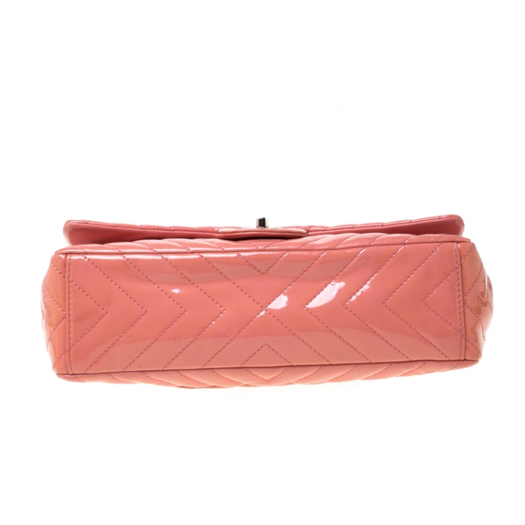 Pre Owned Chanel Pink Chevron Patent Leather Maxi Classic Single Flap Bag