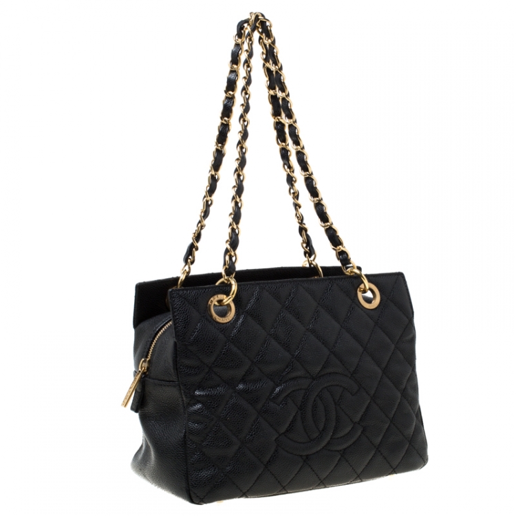 Pre Owned Chanel Black Quilted Caviar Leather Petite Timeless Shopper Tote