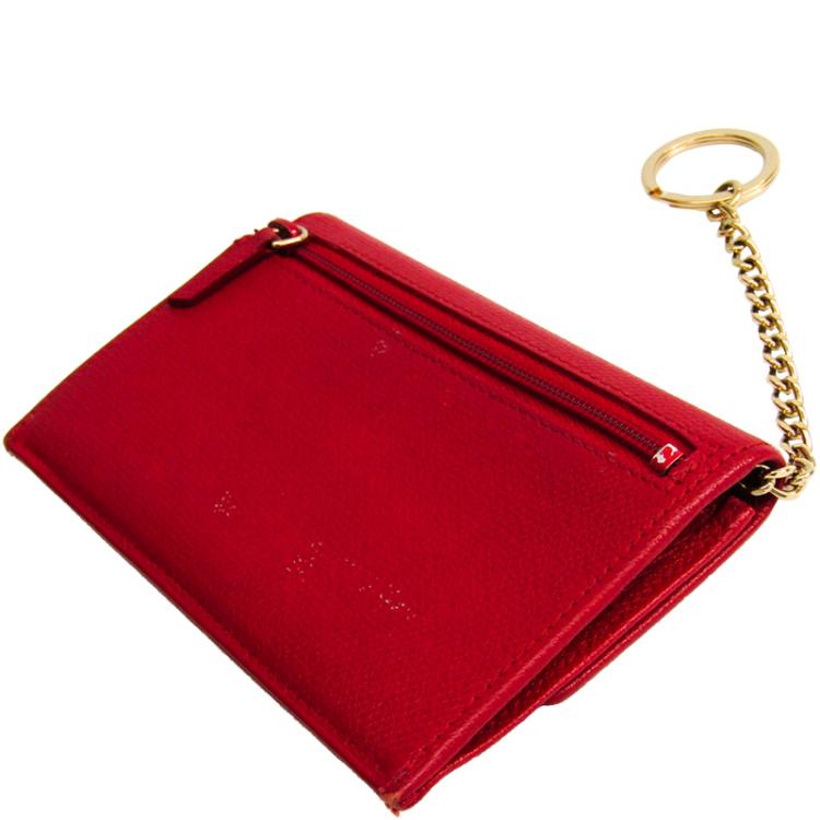 Pre Owned Chanel Red Calfskin Leather Coco Button Card Case