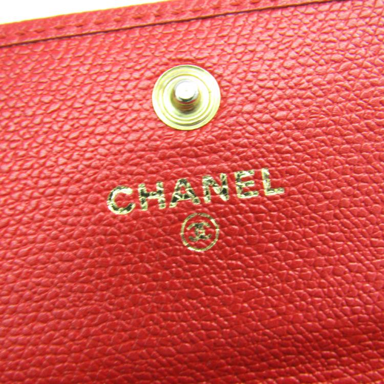 Pre Owned Chanel Red Calfskin Leather Coco Button Card Case