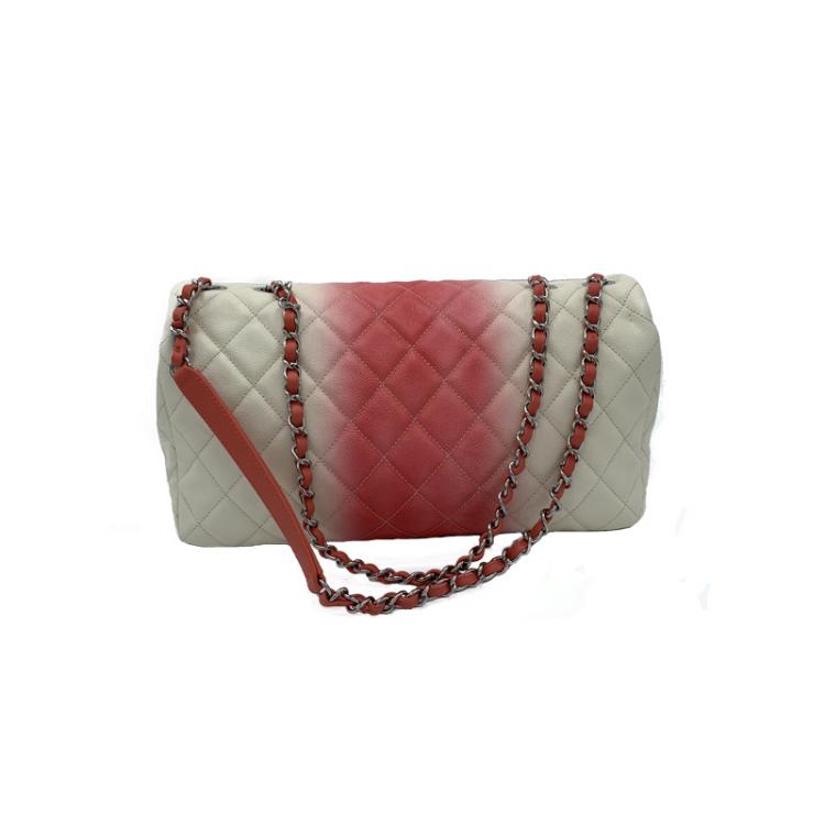 Pre Owned Chanel White/Red Quilted Caviar Leather Jumbo Ombre Single Flap Bag