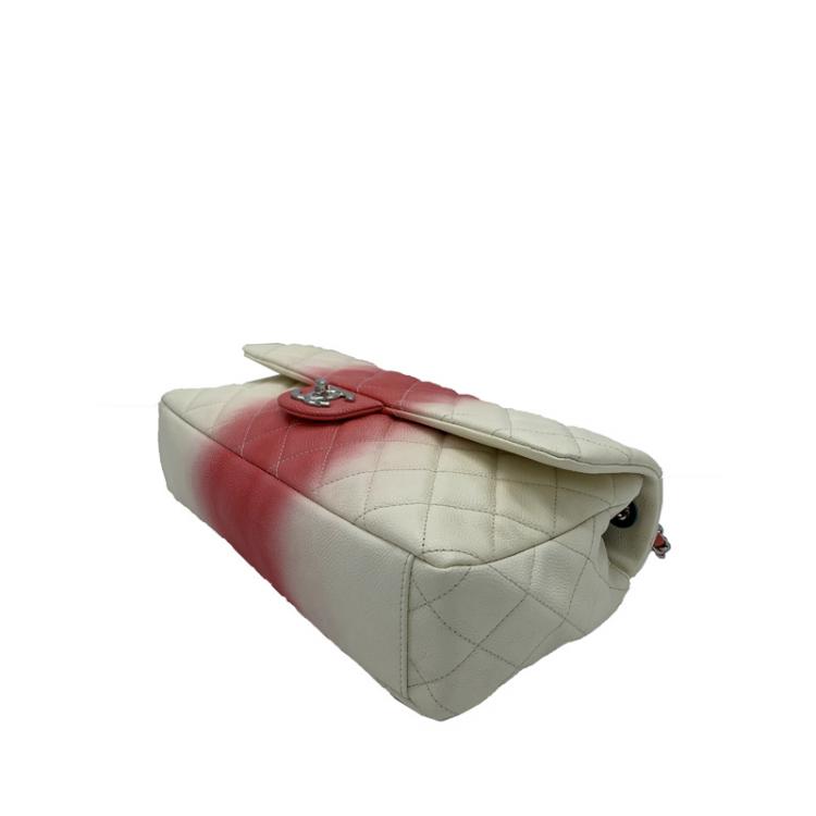 Pre Owned Chanel White/Red Quilted Caviar Leather Jumbo Ombre Single Flap Bag