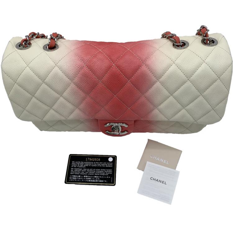 Pre Owned Chanel White/Red Quilted Caviar Leather Jumbo Ombre Single Flap Bag