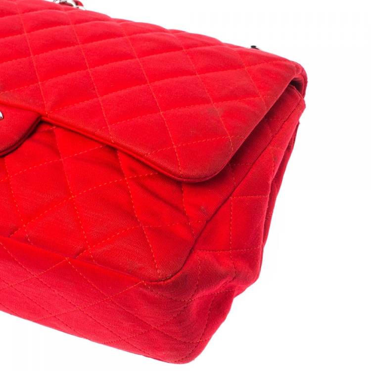 Pre Owned Chanel Red Quilted Fabric Jumbo Classic Single Flap Bag