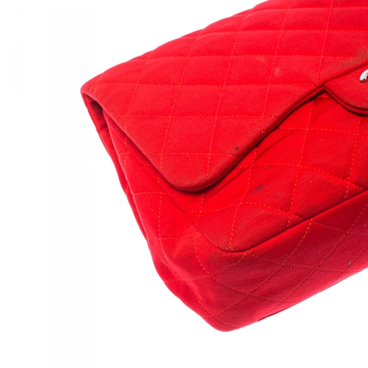 Pre Owned Chanel Red Quilted Fabric Jumbo Classic Single Flap Bag