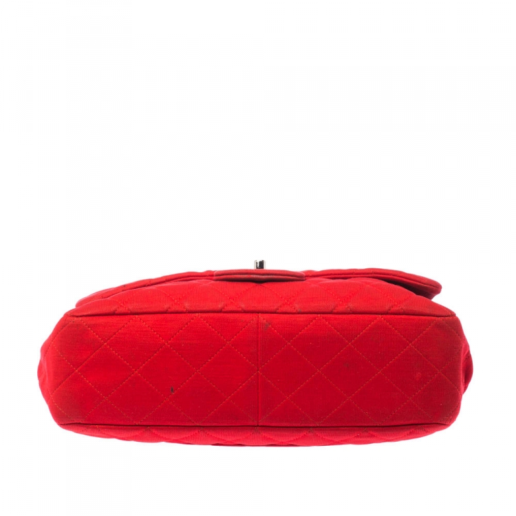 Pre Owned Chanel Red Quilted Fabric Jumbo Classic Single Flap Bag