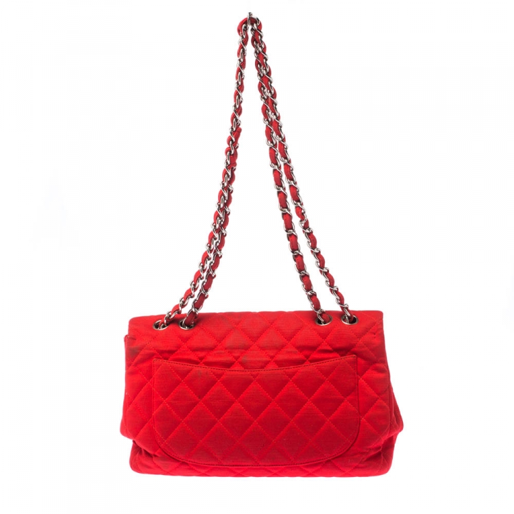 Pre Owned Chanel Red Quilted Fabric Jumbo Classic Single Flap Bag