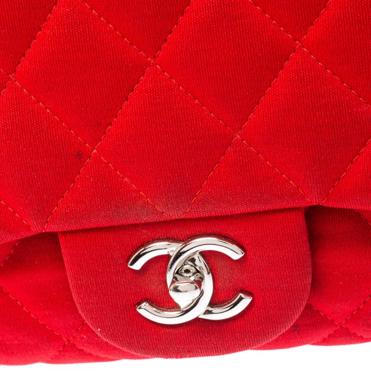 Pre Owned Chanel Red Quilted Fabric Jumbo Classic Single Flap Bag