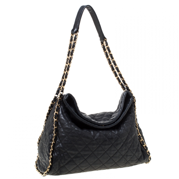 Pre Owned Chanel Black Quilted Leather Large Chain Me Hobo               