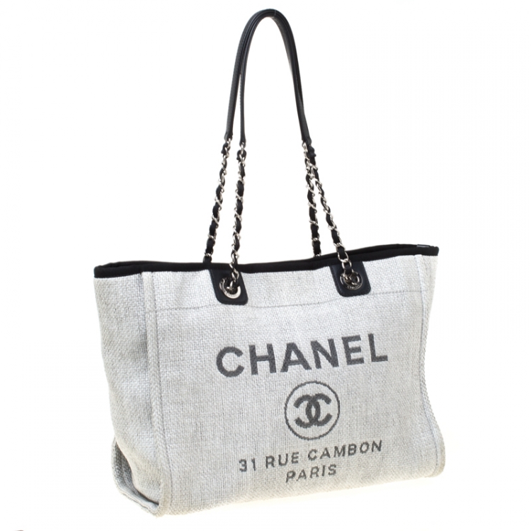 Pre Owned Chanel Grey Canvas and Leather Medium Deauville Shopper Tote