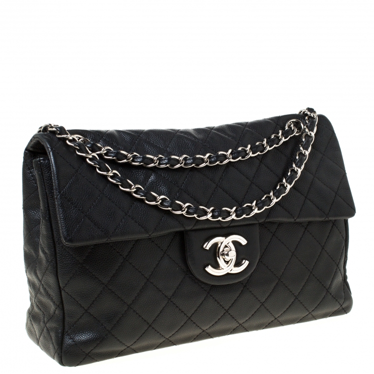 Pre Owned Chanel Black Quilted Caviar Leather Maxi Classic Single Flap Bag