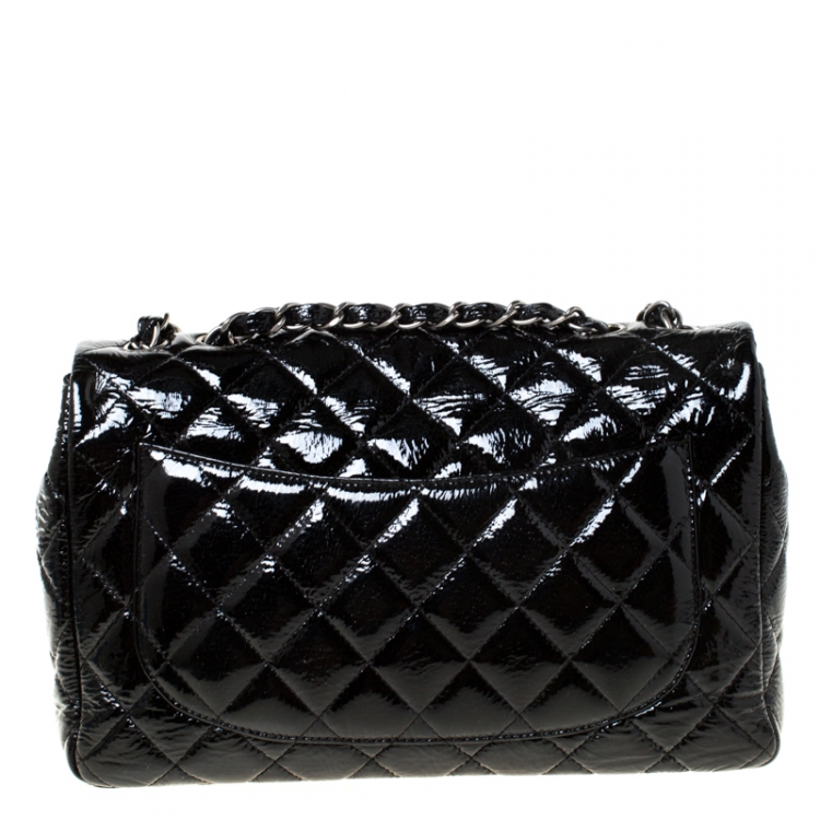Pre Owned Chanel Black Quilted Patent Leather Jumbo Classic Single Flap Bag