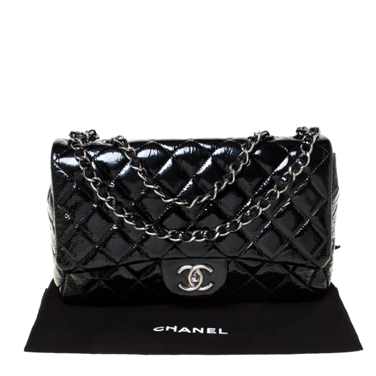 Pre Owned Chanel Black Quilted Patent Leather Jumbo Classic Single Flap Bag