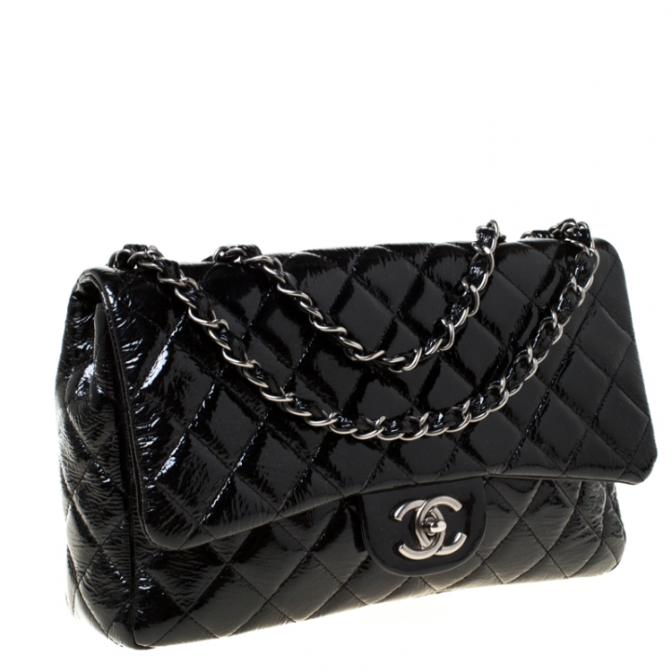 Pre Owned Chanel Black Quilted Patent Leather Jumbo Classic Single Flap Bag