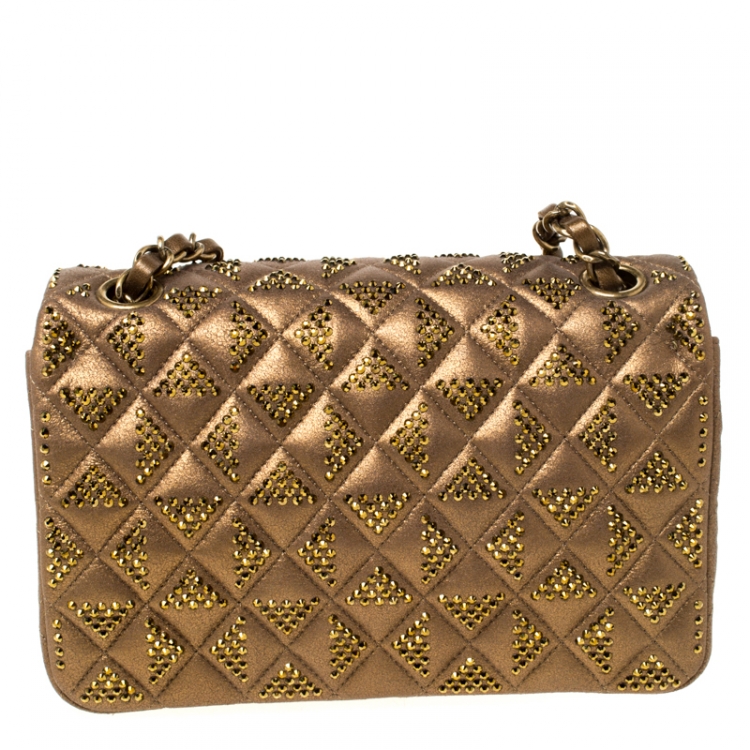 Pre Owned Chanel Bronze Crystal Embellished Leather CC Flap Shoulder Bag