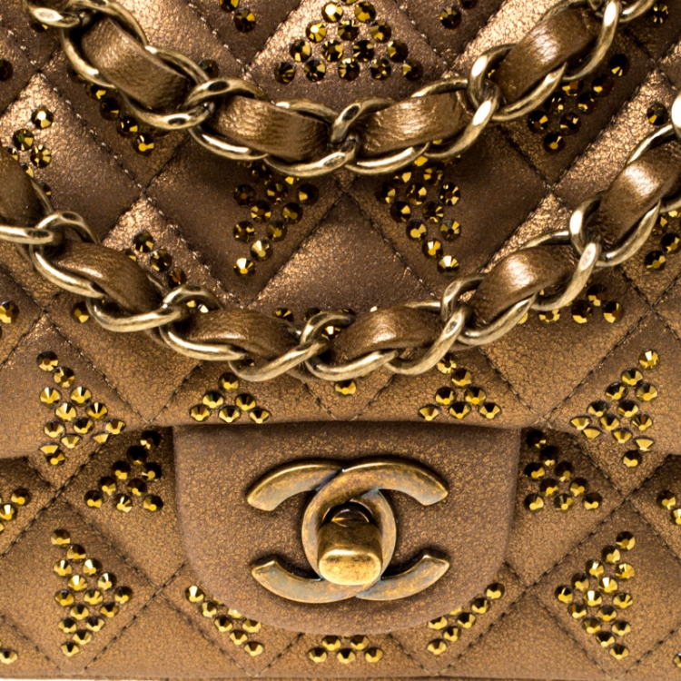 Pre Owned Chanel Bronze Crystal Embellished Leather CC Flap Shoulder Bag