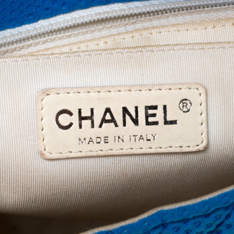 Pre Owned Chanel Blue Quilted Fabric and Patent Leather Perforated Classic Single Flap Bag