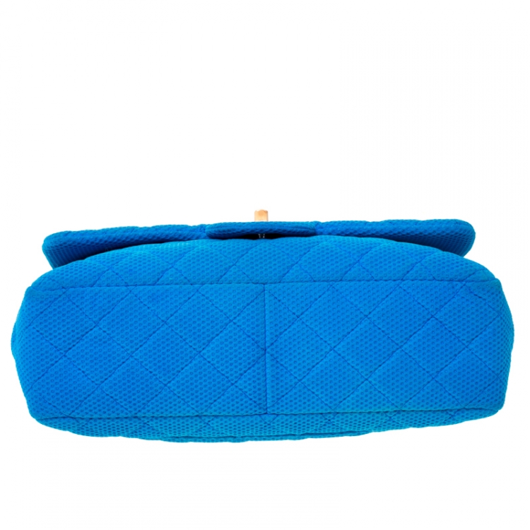 Pre Owned Chanel Blue Quilted Fabric and Patent Leather Perforated Classic Single Flap Bag