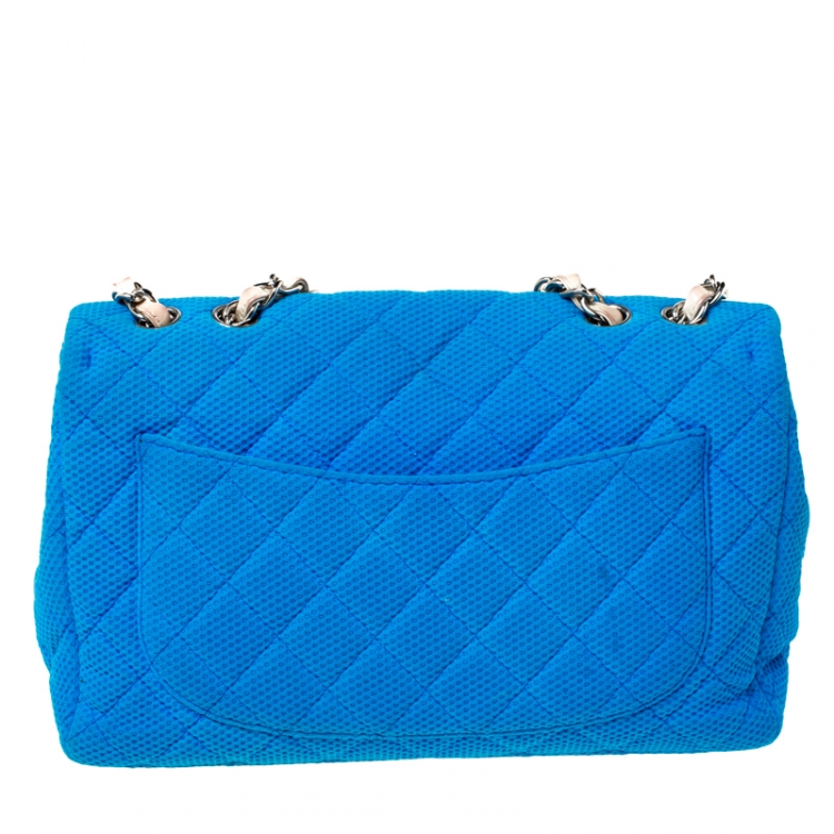Pre Owned Chanel Blue Quilted Fabric and Patent Leather Perforated Classic Single Flap Bag