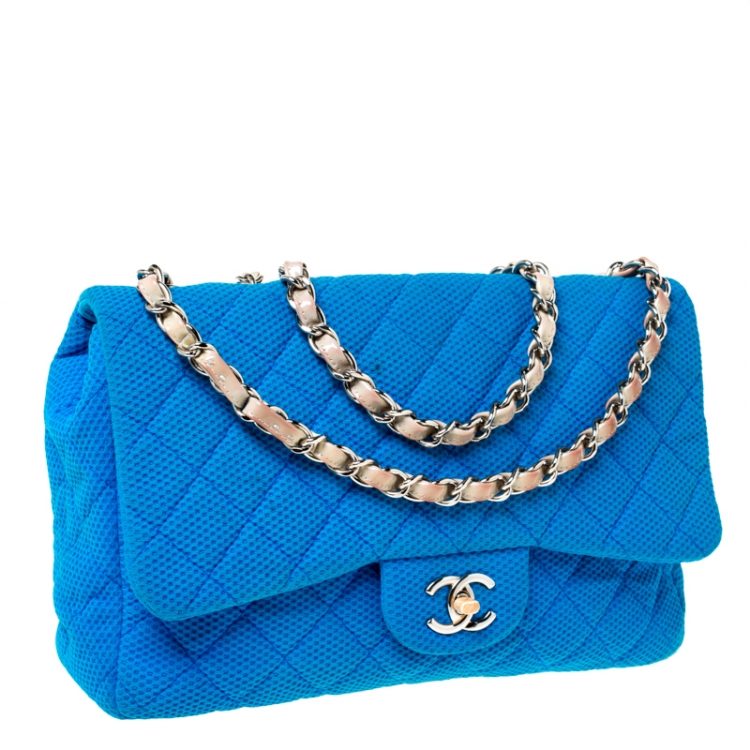 Pre Owned Chanel Blue Quilted Fabric and Patent Leather Perforated Classic Single Flap Bag