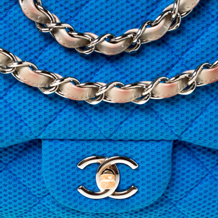 Pre Owned Chanel Blue Quilted Fabric and Patent Leather Perforated Classic Single Flap Bag