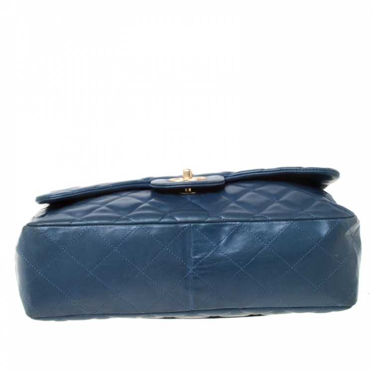 Pre Owned Chanel Teal Blue Quilted Leather Jumbo Classic Single Flap Bag