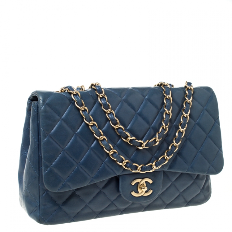 Pre Owned Chanel Teal Blue Quilted Leather Jumbo Classic Single Flap Bag