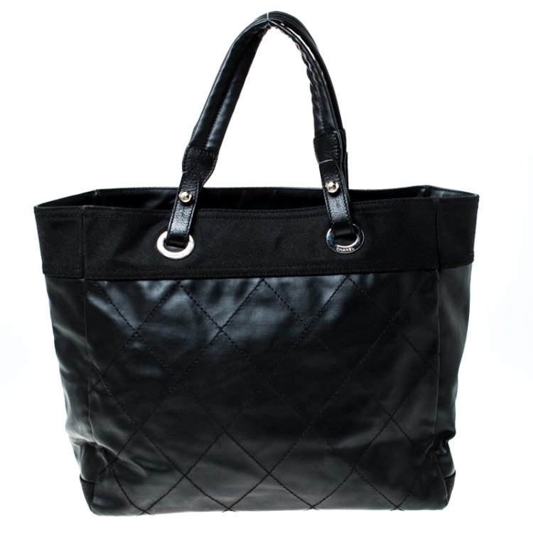 Pre Owned Chanel Black Quilted Coated Canvas Paris Biarritz Grand Shopper Tote