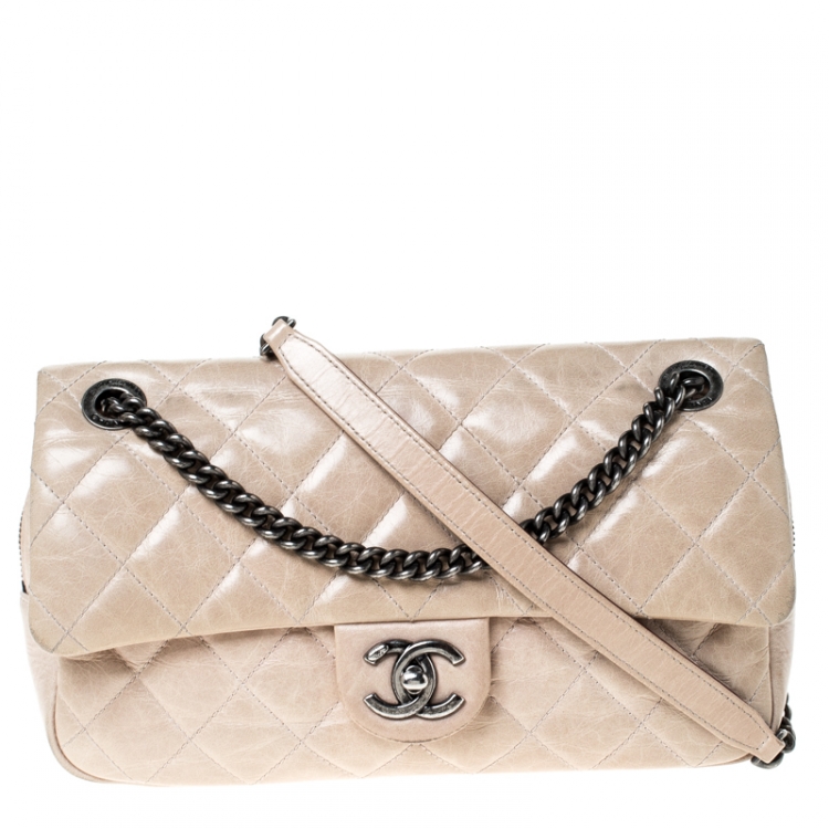 Chanel Beige Glazed Calfskin Quilted Leather Medium Duo Color Flap
