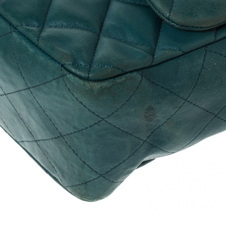 Pre Owned Chanel Green Quilted Leather Jumbo Classic Single Flap Bag
