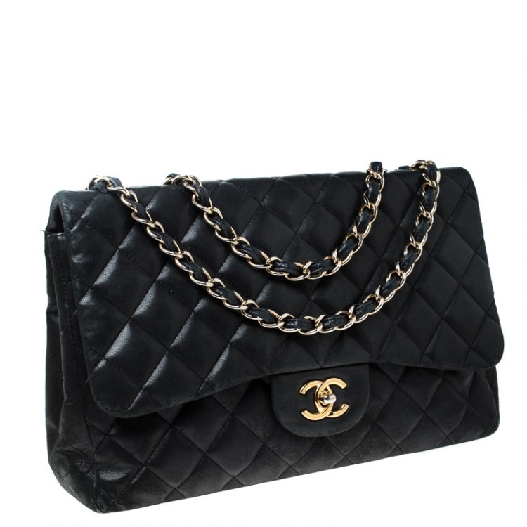 Pre Owned Chanel Black Quilted Leather Jumbo Classic Single Flap Bag