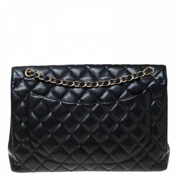 Pre Owned Chanel Black Quilted Caviar Leather Maxi Classic Single Flap Bag