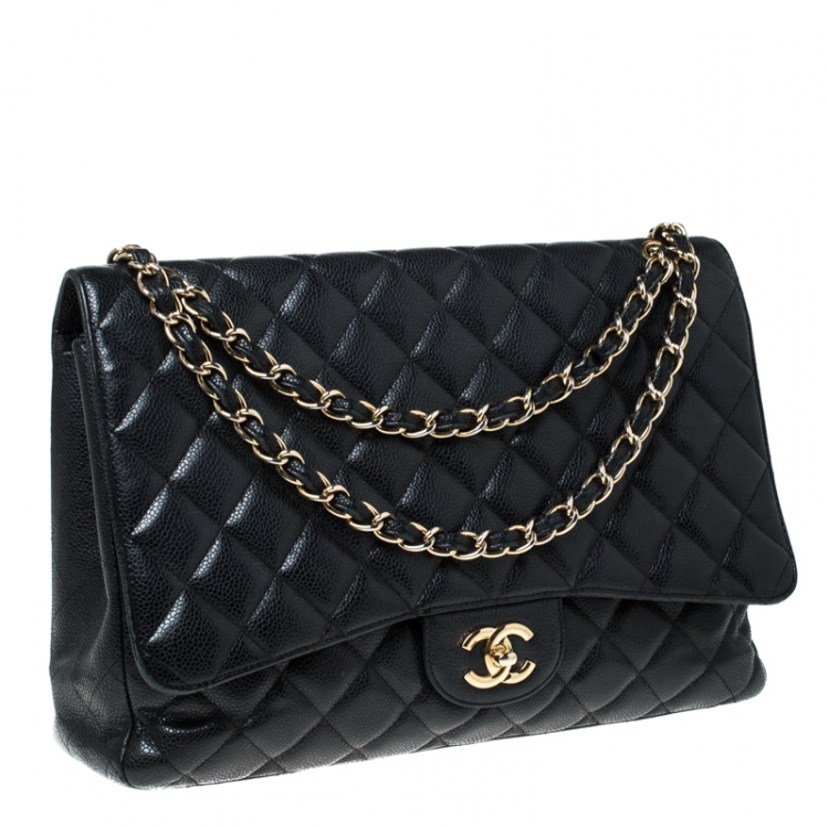 Pre Owned Chanel Black Quilted Caviar Leather Maxi Classic Single Flap Bag