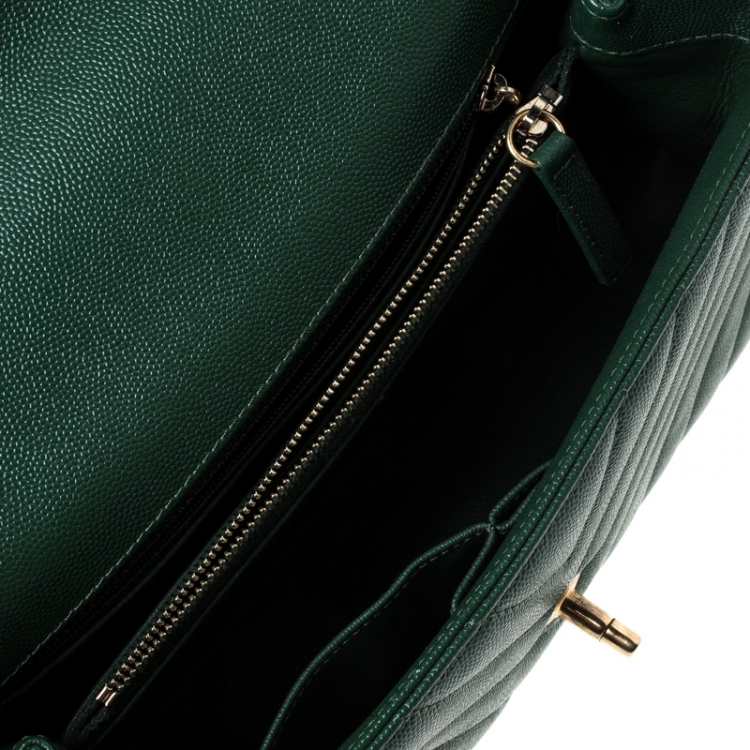 Pre Owned Chanel Green Chevron Quilted Leather and Lizard Small Coco Top Handle Bag