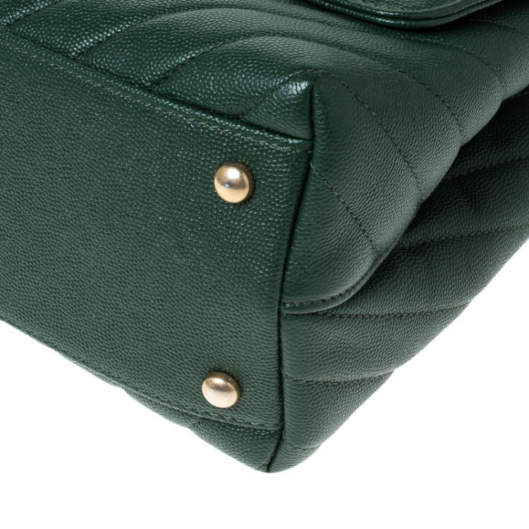 Pre Owned Chanel Green Chevron Quilted Leather and Lizard Small Coco Top Handle Bag