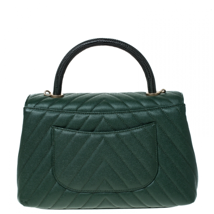 Pre Owned Chanel Green Chevron Quilted Leather and Lizard Small Coco Top Handle Bag