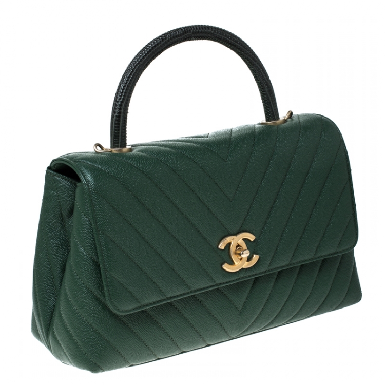 Pre Owned Chanel Green Chevron Quilted Leather and Lizard Small Coco Top Handle Bag