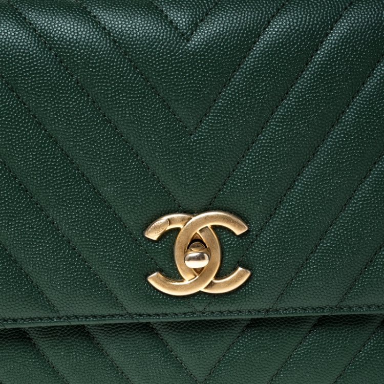 Pre Owned Chanel Green Chevron Quilted Leather and Lizard Small Coco Top Handle Bag