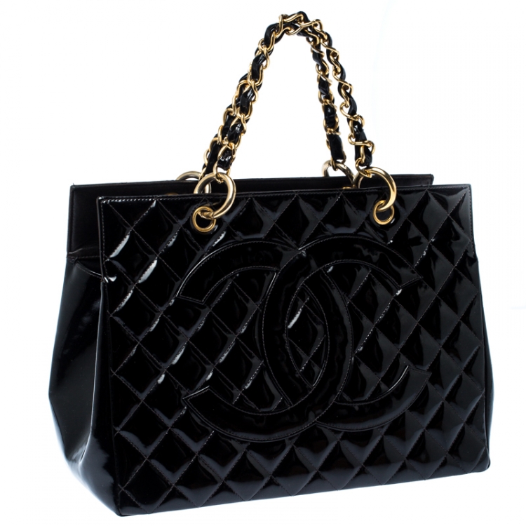 Pre Owned Chanel Black Quilted Patent Leather Petite Shopping Tote