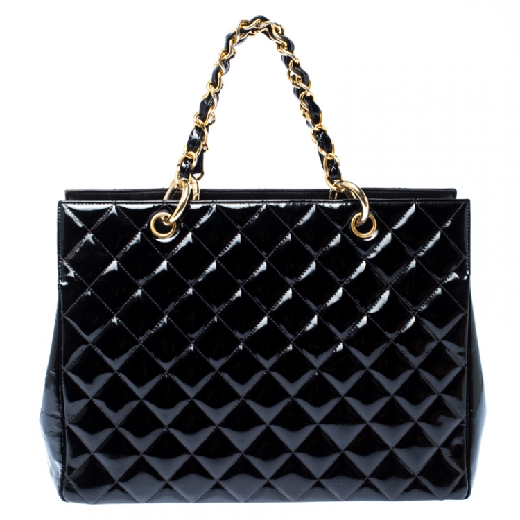Pre Owned Chanel Black Quilted Patent Leather Petite Shopping Tote