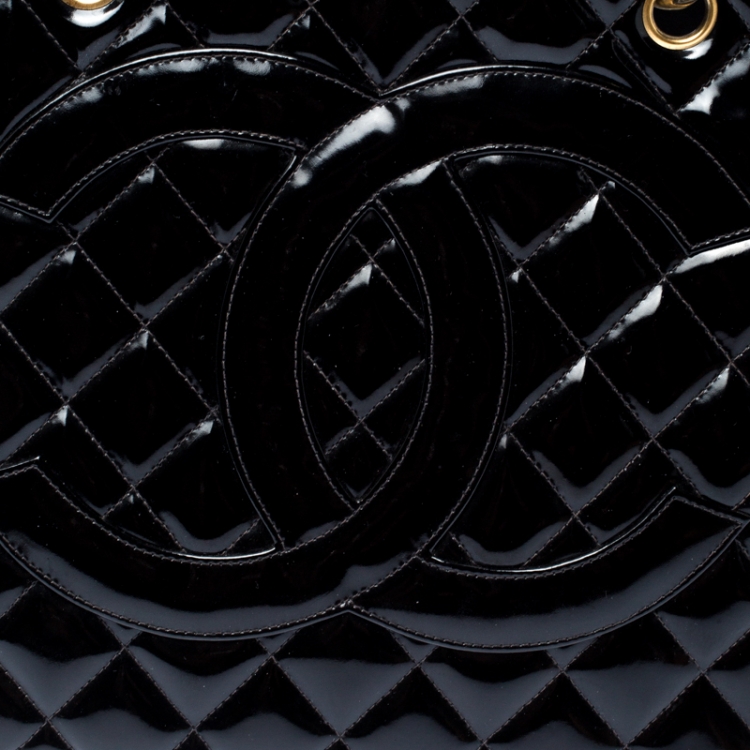Pre Owned Chanel Black Quilted Patent Leather Petite Shopping Tote