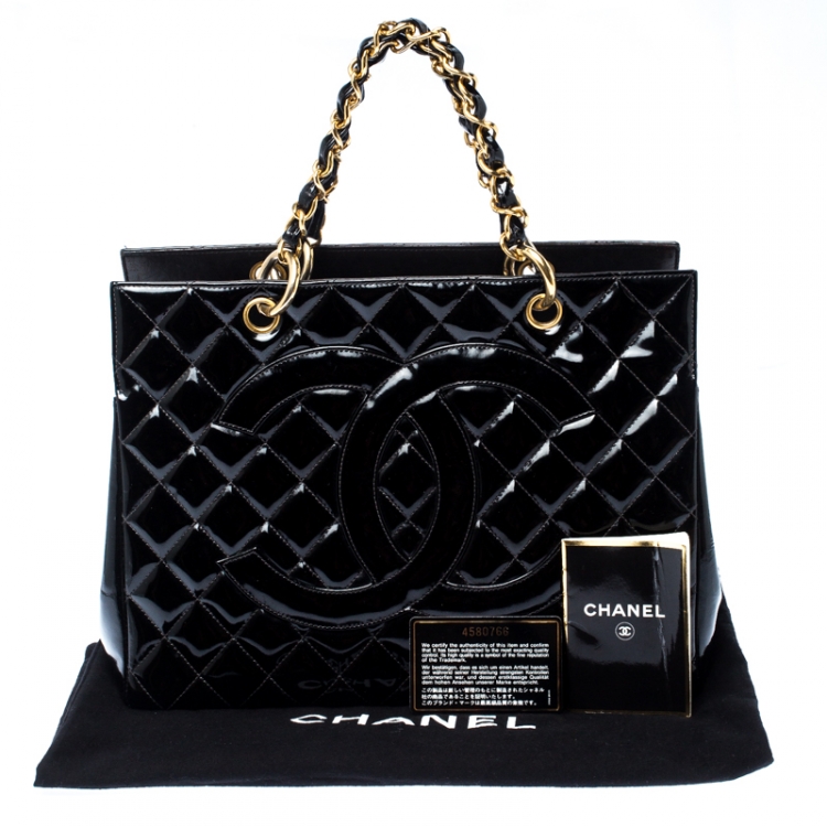 Pre Owned Chanel Black Quilted Patent Leather Petite Shopping Tote